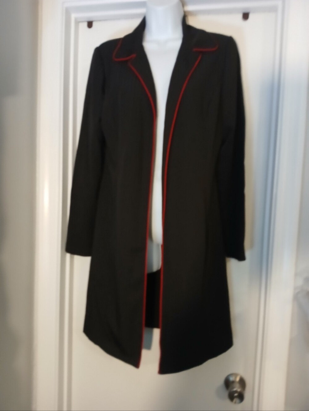 Women's San Francisco Black Trench Coat Blazer w/Red Piping & Red Pin Stripes.